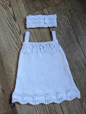 £8 • Buy New Handknitted Baby Girl Dress And Headband Set 0-3