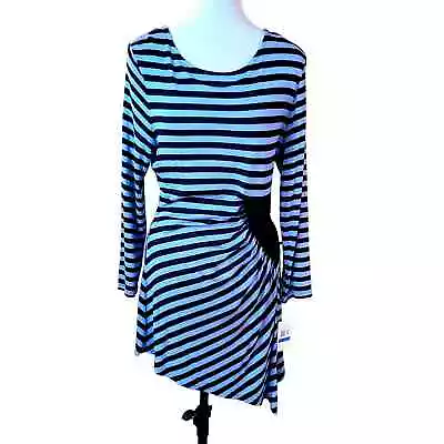ECI NY Retro Striped Asymmetrical Hem Dress Sz XL Stretch Blue Black Retro NWT • $16.98