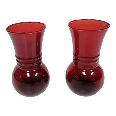 Anchor Hocking Royal Ruby Red Bud Vase Set 6 3/4  Ribbed Neck Vintage 30s  • $14.85