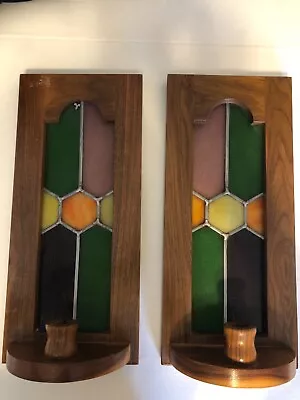 Wooden Frame Multicolor Stained Glass Home Decorative Wall Candle Holders Set • £95.42