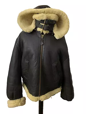 Serge Hervet  B3 Real Sheepskin Shearling Flying Air Force Coat Jacket Hooded XL • £200