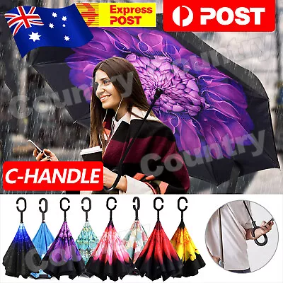 Windproof Upside Down Reverse Umbrella Double Layer Inside-Out Inverted C-Handle • $12.75