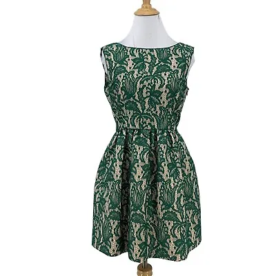 Zara Dress Women S Small Green Nude Lace Overlay Sleeveless V Back Pleated Tulip • $42.45