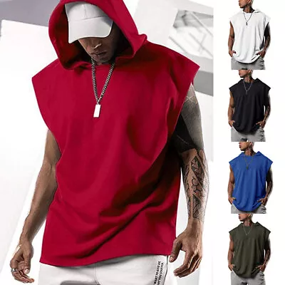 Mens Gym Sleeveless Hoodie Tank Tops Fitness Sport Hooded Muscle Vest T-Shirt ♬ • £13.45