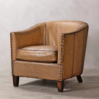 Wolseley Leather Bucket Armchair Tub Chair Traditional Tan Leather Chair • £975