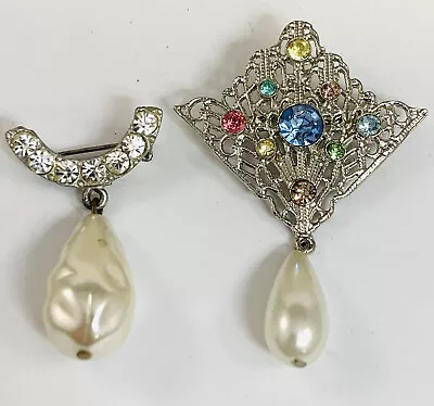 Vintage Rhinestone Faux Pearl Drop Dangle Silver Tone Brooch Pins Lot Of 2 • $24.99