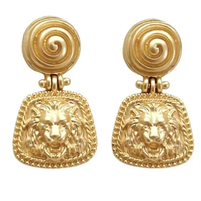 $6.29 • Buy Lion Head Door Knocker Earrings Matte Gold Tone Vtg Pierced Post Dangle Drop