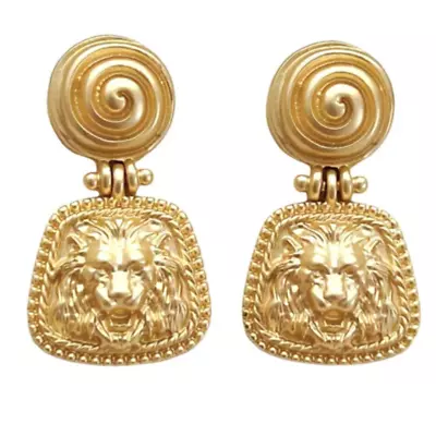 $6.29 • Buy Lion Head Door Knocker Earrings Matte Gold Tone Vtg Pierced Post Dangle Drop
