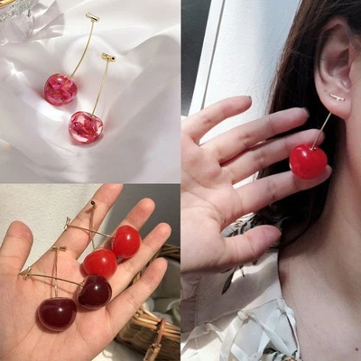 Cute Sweet Red Cherry Fruit Gold Plated Drop Dangle Stud Earrings Women Girl • $2.92