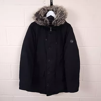 MICHAEL KORS Down Jacket Mens M Medium Puffer Parka Coat Hooded Fur Trim Black • £49.90
