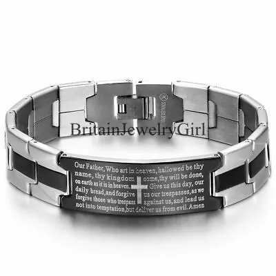 Fashion Stainless Steel Mens Lord's Prayer Bible Cross Bracelet Bangle Wristband • £10.99