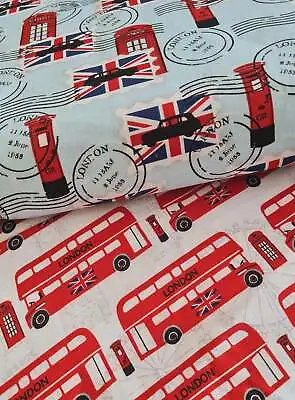 London Buses British Stamps And Union Jacks. Cotton Quilting Bunting Fabric • £4.50