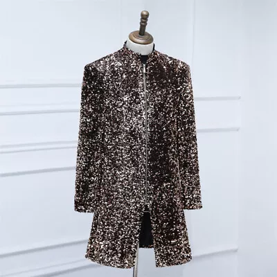 Mens Sequin Long Jacket Glitter Suit Coat Zip Carnival Party Fancy Dress Gentle • $83.09