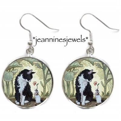 $21.99 • Buy Tuxedo Cat Earrings Vintage Book Illustration Art Photo Silver Dangle Earrings
