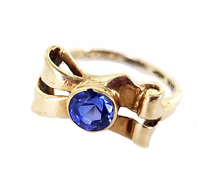 Antique 10k Yellow Gold .53ct Ceylon Cornflower Blue Sapphire Ribbon Ring Sz 4 • $399.99