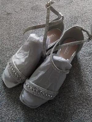 Quiz Shoes Sandals Size 5 Silver Diamanté Ankle Strap Cross Over Low Block Party • £16.99