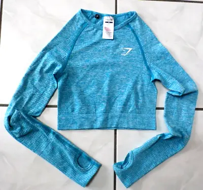 Gymshark Crop Top Womens XS Seamless Long Sleeve Thumb Holes Gym Active Teal G36 • $19