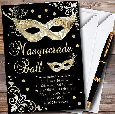 Gold & Black Masquerade Ball Personalised Party Invitations • £9.99
