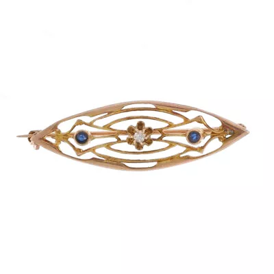 Yellow Gold Diamond & Sapphire Art Deco Brooch 10k Single Cut Buttercup Vintage • $119.99