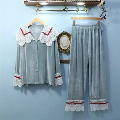 Korean Style Lace Gold Velvet Sleepwear Neck Pajamas Lace Women Nightwear Set • $78.71