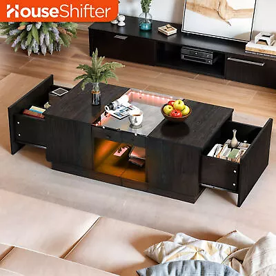 LED Rectangle Center Coffee Table With Charging Station & Storage Drawers Modern • $112.34
