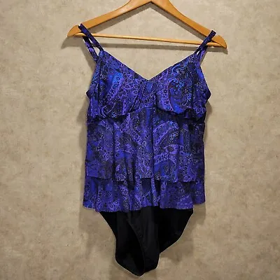 Miraclesuit Purple Paisley Tiered Ruffle Fauxkini One Piece Swimsuit Size 12 • $34.88