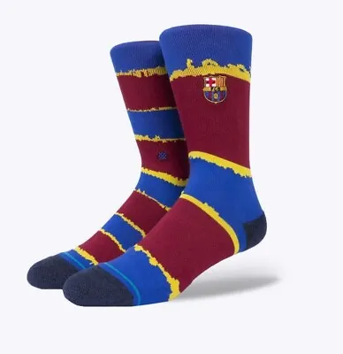 Stance Men Red Blue Crew Knit FCB Stripe Barcelona Soccer Casual Socks Sz L 9-13 • $14.99