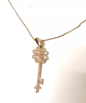 Vintage Rhinestone Key Pendant Necklace Rose Gold Tone Long Chain • $8