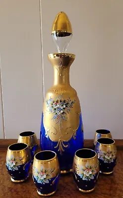 Vintage Mid Cent MURANO ART GLASS DECANTER SET Cobalt Blue Gold Enamel Flowers • $85