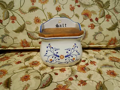 Vintage Ceramic Wall Salt Box With Wood Lid - Design On Front And Sides NICE!! • $19.99