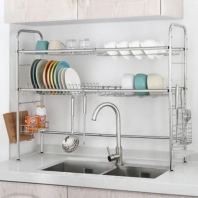 Over Sink Dish Drying Rack 2-Tier Stainless Kitchen Shelf Cutlery Drainer • $50.99