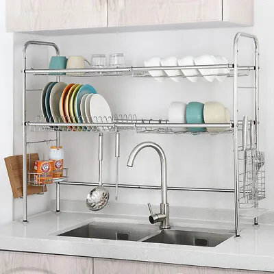 $28.99 • Buy Over Sink Dish Drying Rack 2-Tier Stainless Steel Kitchen Shelf Cutlery Drainer