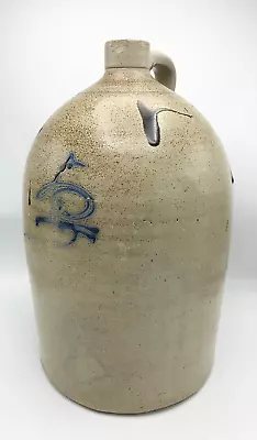 Antique 1800s Salt Glaze Stoneware 5 Gallon Jug W/ Handle- Cobalt & Tobacco Spit • $396