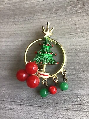 L Christmas Tree Brooch Pin Dangle Bead Gold Tone Estate Red Green Vintage • $7.19