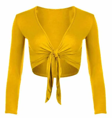 Womens Plain Tie Knot Shrug Ladies Cropped Bolero Long Sleeve Tie Up Front Top • £7.99