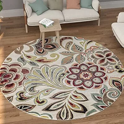 Dilek Transitional Floral Ivory Round Area Rug 8' Round • $160.77