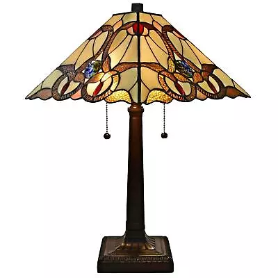 Tiffany Style Table Lamp Mission 23  Tall Stained Glass Tan Decor Night Stand • $145