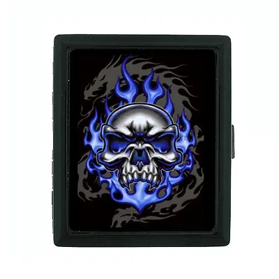 Small Black Metal Cigarette Case Holder Box Skull Design-015 Blue Skull On Fire • $13.95