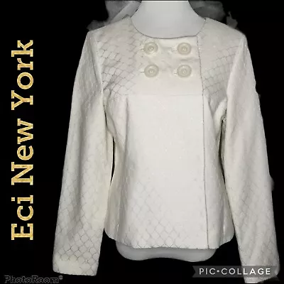 ECI NY NWT Jacket White Lined Button Front Side Pockets Gold Threading Size 12 • $23