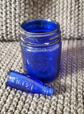 Vntg VICKS DROPS Miniature Cobalt Blue Bottle 2  Tall & Vicks Jar Antique Bottle • $22.50