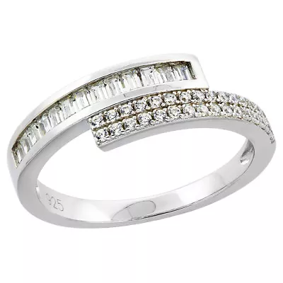 Sterling Silver Bypass Ring W/ Baguette & Round Cut Micro Pave CZ Stones • $20.99