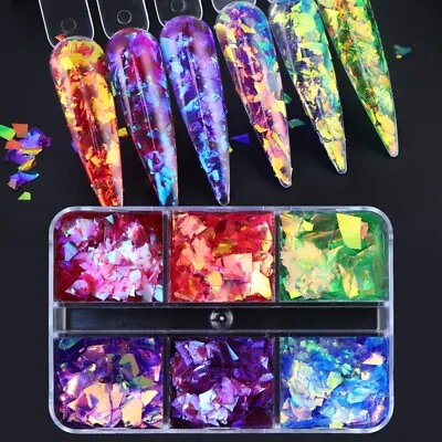 6 Grids Nail Sequins Irregular Colorful Glitter Nail Glass Paper Nail Flakes DIY • $3.86