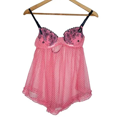 Victoria's Secret Sexy Little Things 34B Pink Polka Dot Babydoll Nighty Lingerie • $24.99