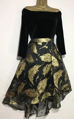 Coast Black Bardot Gold Floral Jacquard Fit Flare Midi Dress Size 12 /14 . • £69