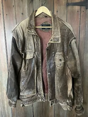 Vintage Men's  Pierre Cardin  Distressed  Brown Leather Bomber  Jacket Size L • $100