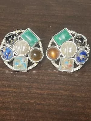 Vtg. 1960s Sarah Coventry Silver Tone Clip On Earrings 1.25  Green Blue Black • $19.99