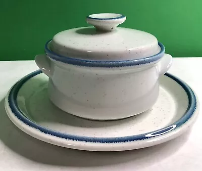 Vintage MIKASA Cordon Bleu SM Casserole Dish W/ Lid & Under Plate Blue Rim CG500 • $25