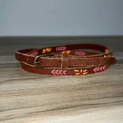 J. Crew Skinny Leather Belt Women Small Hot Pink Orange Brown  Gold Tone Buckle • $14