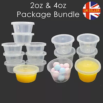 100 Food Containers 2oz & 4oz Bundle Round Plastic Clear Tubs Lids Pot Sauce Dip • £9.99