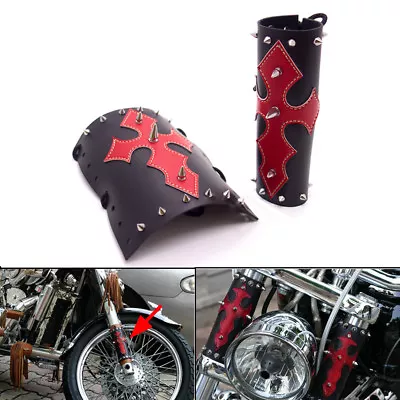 New Motorcycle Black Red Cross PU Leather Front Fork Cover With Chrome Spikes  • $18.59